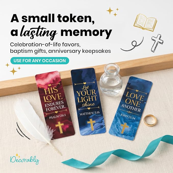 Decorably 100 Pack 2x6in Gold Foil Bible Bookmark with Religious Verses Set - 50 Inspirational Double-Sided Designs with Elegant Cross for Women & Men, Journals, Easter Gift, Church & Office Supplies