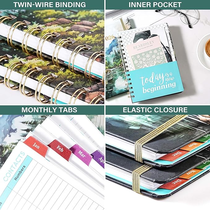 2026 Planner - 2026 Planner Weekly and Monthly, Jan 2026 - Dec 2026, 6.3” x 8.4”, 2026 Calendar Planner, Twin-Wire Binding, Inner Pocket, Colorful Monthly Tabs, Elastic Closure, Contacts, Holidays