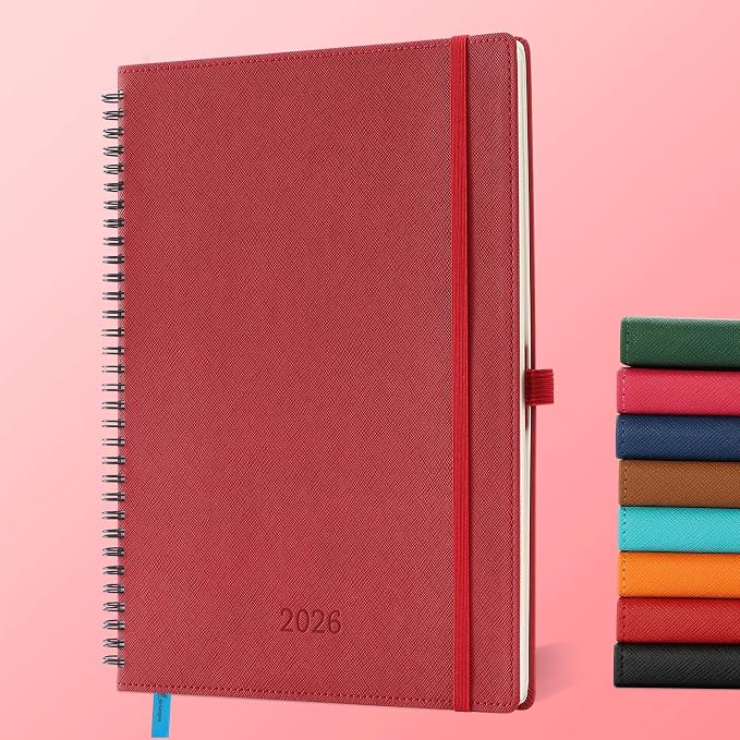 Planner 2026 Daily Weekly and Monthly,11.5"x8.5",12 Months Spiral Bound Calendar Agenda with Self-adhesive Pen Holder,2026 Appointment Book with Vegan Leather Soft Cover,Red