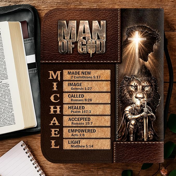 Personalized Man of God Bible Cover, God Says I Am Bible Case PU Leather, Bible Holder Handle Zipper, Faith Scripture with Name Case Bag, Religious Gifts for Church Christians Women Men (05)