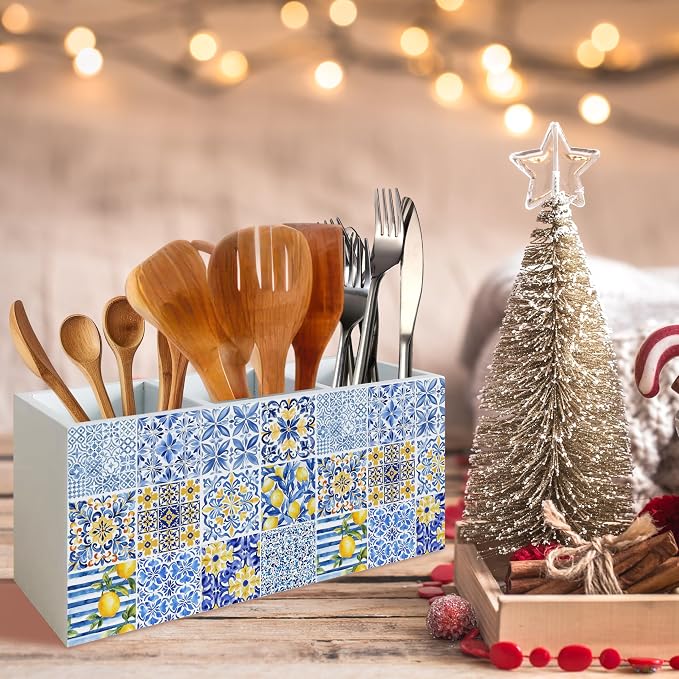 Mediterranean Italy Lemon Pen Pencil Kitchen Cooking Brush Makeup Utensil Holder Organizer for Desk, Mediterranean Lemon Decor, Blue and White Wooden Box Sign for Home Office Tabletop Decor