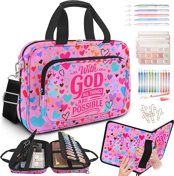 Large Bible Cover for Women,Bible Carrying Case,Bible Bag for Girl Kid,Heart Bible Holder Organizer,With God All Things Are Possible,Bible Study Supplie Kit With Highlighters,Tabs,Pens,Christian Gifts