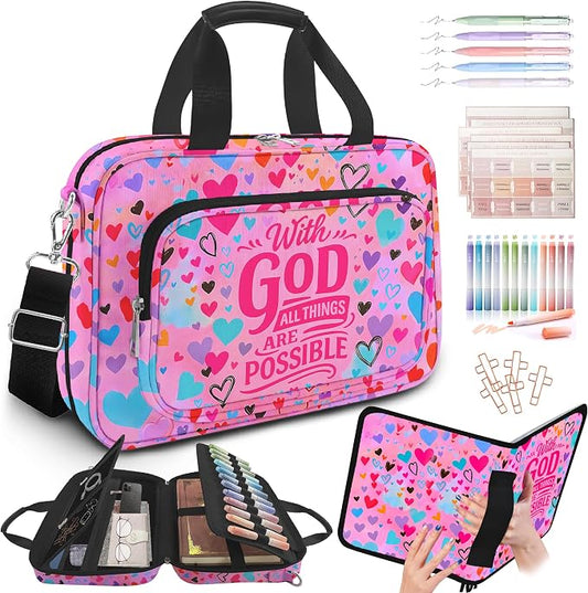Large Bible Cover for Women,Bible Carrying Case,Bible Bag for Girl Kid,Heart Bible Holder Organizer,With God All Things Are Possible,Bible Study Supplie Kit With Highlighters,Tabs,Pens,Christian Gifts