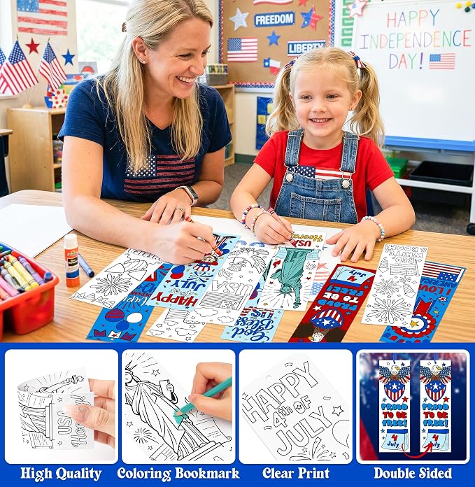 100Pcs Patriotic Color Your Own Bookmarks, 4th of July DIY Coloring Blank Bookmarks with Ribbons Independence Day Art Crafts Supplies Classroom Rewards Gifts USA American Holiday Party Favors for Kids