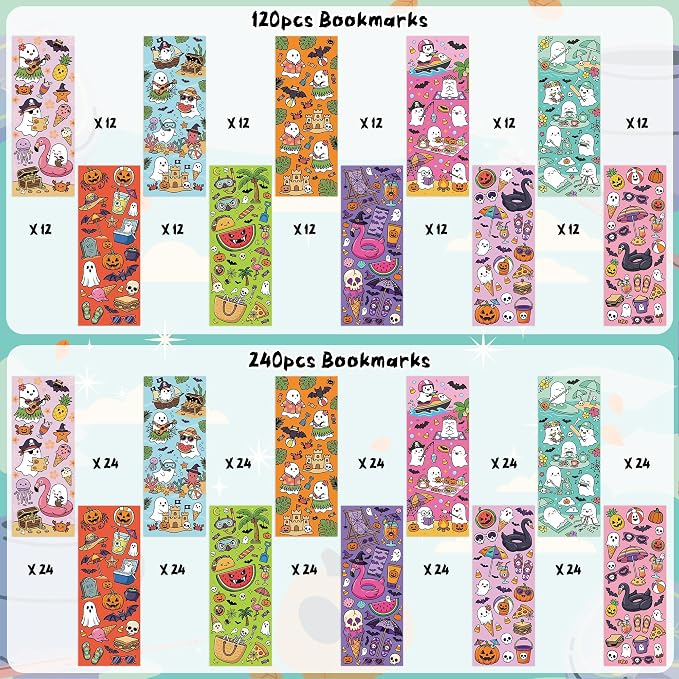 Summer Halloween Ghost Bookmarks Bulk - 240pcs Spooky Gothic Book Marks, Cute Cartoon Ice Cream Watermelon Double-Sided Tracker Bookmark Bookish Items for Book Club Lovers Reading Gifts
