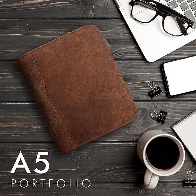 ELIZO Leather A5 Portfolio Padfolio Folio A5 Notebook Journal Cover Planner Binder Small Mens Business Work Folder Organizer (Saddle)