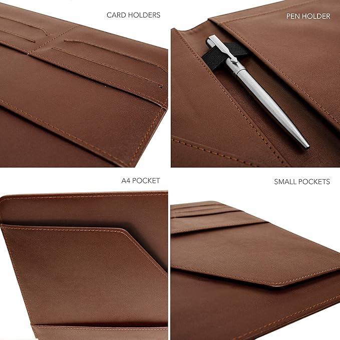 Wundermax Portfolio Binder - 12.8 x 9.8 x 0.6 Inch Vegan Leather Padfolio for Women and Men w/Notepad, Pockets for Tablet, Resume and Documents - Brown