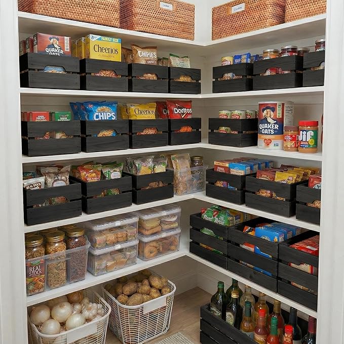 WOPITUES Wooden Crate,Wood Crates for Storage,Stackable Storage Bins and Pantry Organizers with Handles,Pantry Baskets,Wooden Box for Pantry,Kitchen,Garden,Garage,Display, Black