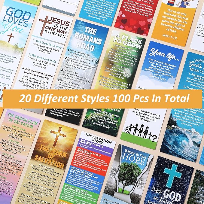100 Pcs Gospel Tract Card Bible Tract for Evangelism Salvation Bookmarks Bulk Christian Pocket Card Inspirational Prayer Postcards for Women Men Church & Office Supplies, 20 Designs