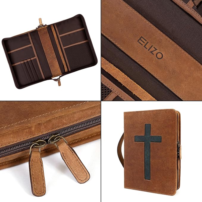 ELIZO Leather Bible Cover Bible Case for Men Women Genuine Leather Bible Bag Holder Cross Large Carrying with Zipper Case Protector Christian Religious Gifts for Mens Pioneer Saddle Green Study/Large