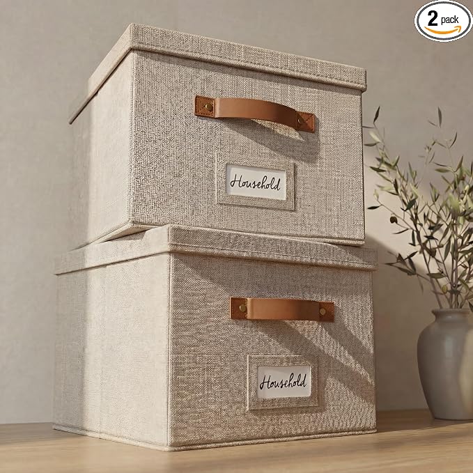 Decorative File Organizer Box Set of 2 - Collapsible Linen Filing Cabinets with Handles Are Perfect to Store All Your Documents & Hanging File Folders - Portable Easy Slide Office Crates with Lid