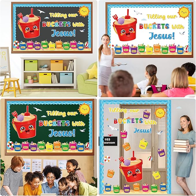 Summer Jesus Bulletin Board Decorations Set Summer Bucket Classroom Decor Filling Our Buckets with Jesus Sun Beach Christian Cutouts for School Classroom Home wall Chalkboard Supplies