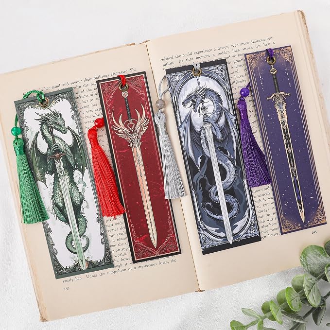 Dragon Sword Bookmark Gifts - 4 Pcs Fantasy Fourth Bookmarks with Tassels Paper Unique Vintage Wing Book Marks Office Home Supplies Gift for Reading Lovers Writers Kids Men Teacher Students