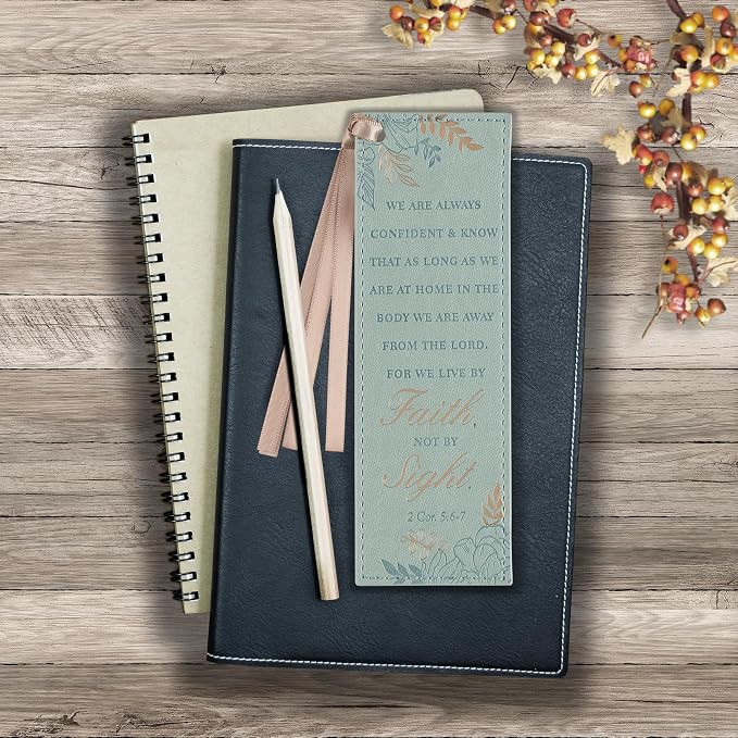 Christian Art Gifts Teal Faux Leather Floral Bookmark for Women: Walk by Faith - 2 Corinthians 5: 6-7 Inspirational Bible Verse, Heat-Debossed & Gold Accents with Taupe Satin Ribbon Reading Accessory