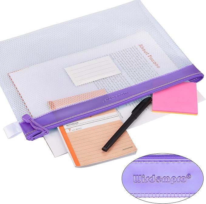 Wisdompro Zipper Pouch, 4 Packs Durable Letter Size Waterproof Mesh File Bag, Document Organizer - Purple