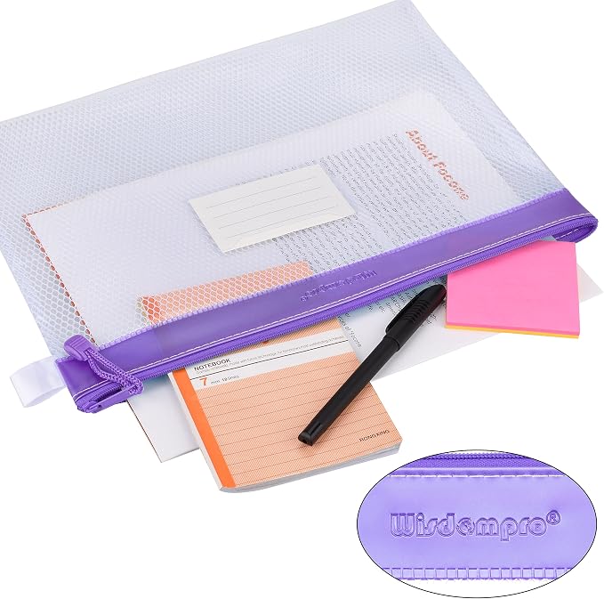 Wisdompro Zipper Pouch, 4 Packs Durable Letter Size Waterproof Mesh File Bag, Document Organizer - Purple/Yellow