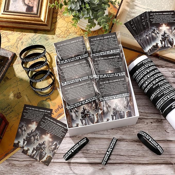 Wavwavw 60 Sets Put on The Full Armor of God Gifts Bulk Christian Pastor Bible Verse Wristband Bracelets Bookmarks Templar Knight Religious Supplies for Sunday School (Black)