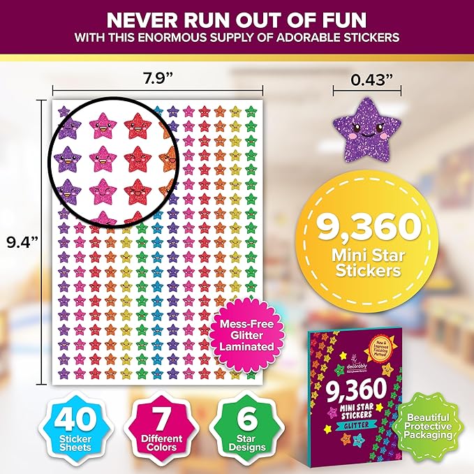 Decorably 9,360 Vibrant Small Star Stickers for Kids Reward - 45 Sheets with 5 Designs for Charts & Worksheets, Classroom Activities, Positive Reinforcement, Arts & Crafts, Scrapbooking, Gift