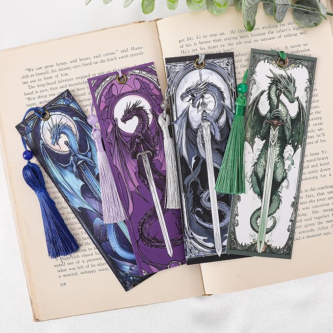 Dragon Sword Bookmark Gifts - 4 Pcs Fantasy Fourth Bookmarks with Tassels Paper Unique Vintage Wing Book Marks Office Home Supplies Gift for Reading Lovers Writers Kids Men Teacher Students