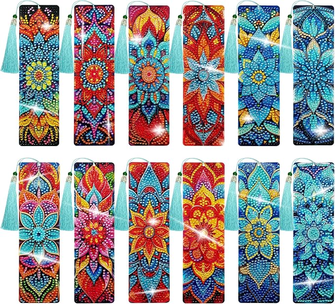 12 Pcs DIY Mandala Diamond Art Bookmarks for Adults Women Beginners Acrylic Dotz Kit 5d Floral Rhinestone Diamond Painting Bookmarks Diamond Art Book Marks with Tassels Crafts Supply