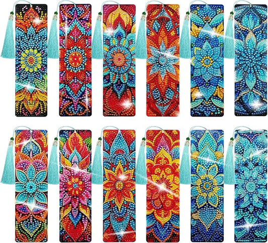 12 Pcs DIY Mandala Diamond Art Bookmarks for Adults Women Beginners Acrylic Dotz Kit 5d Floral Rhinestone Diamond Painting Bookmarks Diamond Art Book Marks with Tassels Crafts Supply