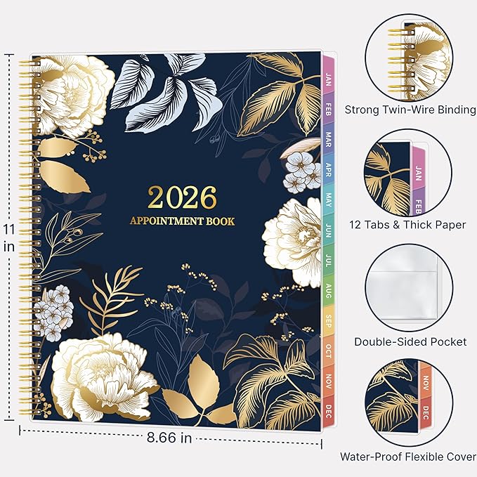 2026 Appointment Book, 30 Minutes-Hourly, Weekly ＆ Monthly Calendar Planner 2026, Jan 2026 - Dec 2026, 8.5'' x 11'', 2026 Daily Planner with Tabs ＆Pocket, Flexible Cover, Great for Office, Home, School