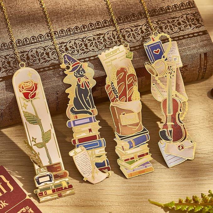 4 PCS Vintage Metal Bookmark, Hand-Drawn Book Marks for Reading Women, Book Lovers Gifts for Teachers Writer