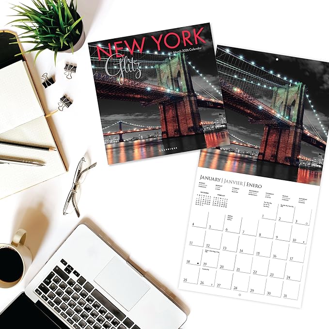Graphique 2026 New York Glitz Wall Calendar | 12” x 12” | Thick Paper | Home & Office Organizer | Large Monthly Grid | 3 Languages & Marked Holidays | 4 Month Preview Page for 2027