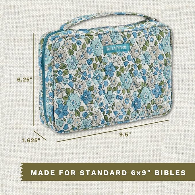 Bella Taylor Small Bible Cover for Women - Quilted Cotton Bible Case for 6 x 9 inch Books - Delicate Floral Blue