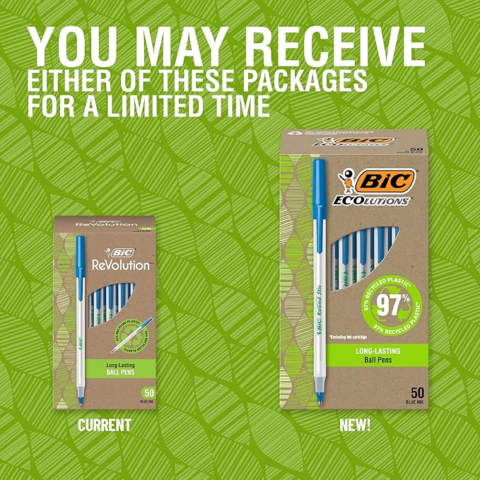 BIC Ballpoint Pens, Medium Point 1.0mm, Blue Ink | Ecolutions Round Stic | 50-Count | Pack of 2 | 97% Recycled Plastic