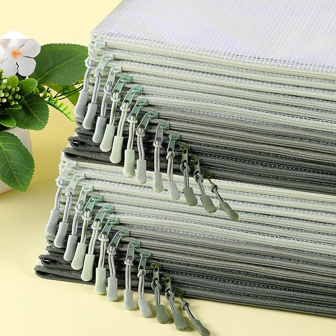 Feifeiya 24 Pack Sage Green Mesh Zipper Pouch Bags, A4 Size Clear Mesh Zipper Storage Bag Bulk for School Office Organization
