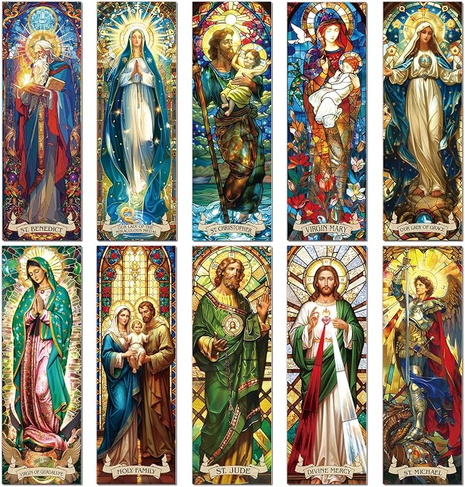 Stained Glass Catholic Bookmark Gifts - Wxiben 20 Pcs Christian Religious Transparent PVC Bookmark Catholic Saints Jesus Book Mark Page Clips for Women Men Book Lovers Church Sunday School Gifts