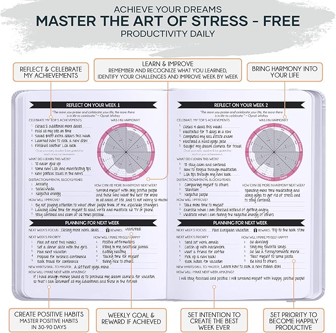 Freedom Mastery - Adhd Daily Planner, Self Care Personal Gratitude Journal to Increase Productivity & Success in Life, Include Foldable Vision Board - White Sun