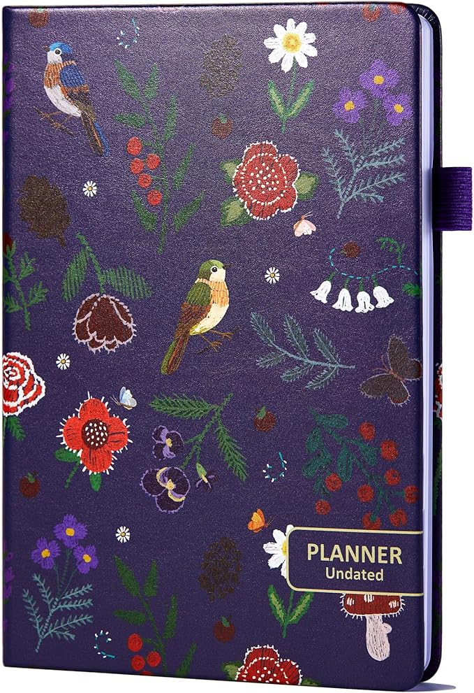 Comkiso Undated Weekly and Monthly Planner with Adhesive Tabs, A5 Dateless Academic Planner for Women & Men Daily Planning, Hardcover Leather All In One Planner for Home School Work Organizer (Birds)