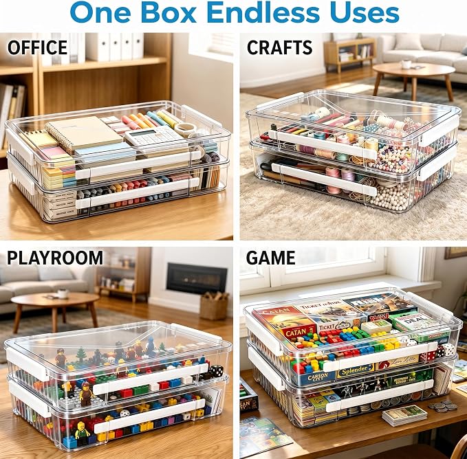 Board Game Storage & Puzzle Case 2 Pack,Extra Deep Storage Box with Lid,Stackable Storage Containers for A4 & Letter Paper,Clear Plastic Box with Latch for Crafts,Documents and Art Supplies