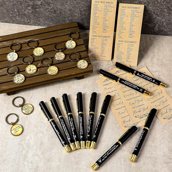 Gueevin 10 Sets Fathers Day Christian Gifts Bulk Bible Verse Pens Christian Religious Bookmarks and Bible Keychains Church Appreciation Gift for Graduation End of Year Teacher School (Black)