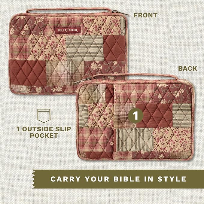 Bella Taylor Small Bible Cover for Women - Quilted Cotton Bible Case for 6 x 9 inch Books - Burgundy Patch