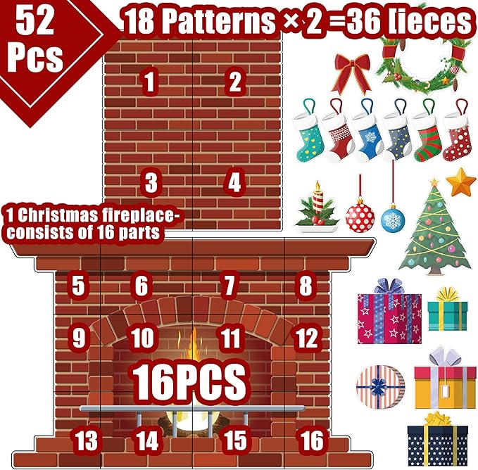 4Ft Christmas Fireplace Bulletin Board Set Christmas Bulletin Board Decoration Christmas Gifts Fireplace Wreath Stockings Cutouts for Classroom Home Chalkboard Wall Decoration, 52Pcs