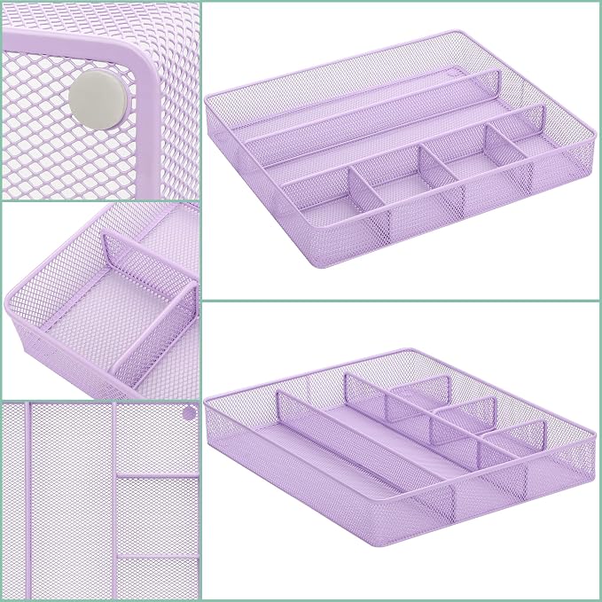Annova Desk Top Organizer/Storage Tray - Metal Mesh with Dividers for Pens, Desktop Accessories, Bathroom, Kitchen, Makeup and Office Supplies (Large, Light Purple)