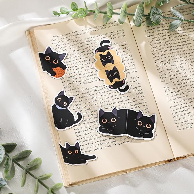 Cats Magnetic Bookmarks Gifts - 8 Pcs Black Cute Bookmark for Women Pet Animals Lovers Students Funny Page Clips Office Reading Accessories Bookworms Gift for Birthday Christmas
