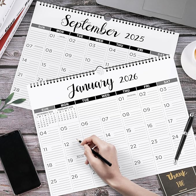 2026 Wall Calendar - 2026 Calendar with Thick Paper, 15" x 11.5", Jan.2026 - Dec.2026, Twin-Wire Binding + Hanging Hook + Ruled Blocks with Julian Date - Classic Black