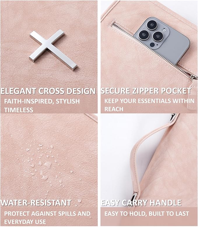 Vegan Leather Bible Cover Case, Bible Bag with Phone Pocket, Bible Case for Men Women, Christian Gift Box Packaging (Pink)