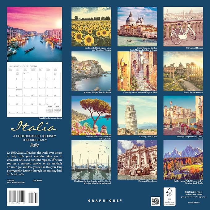 Graphique 2024 Italia Wall Calendar | 12” x 12” | Thick Paper | Home & Office Organizer | Large Monthly Grid | 3 Languages & Marked Holidays | 4 Month Preview Page for 2025