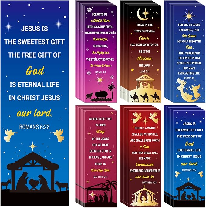 TICIAGA Christmas Nativity Bible Verses Bookmarks - 60PCS Jesus is The Sweetest Gift Christmas Bible Bookmark Bulk for Kids, Religious Prayer Bookmark Xmas Stocking Stuffers for Sunday School Rewards