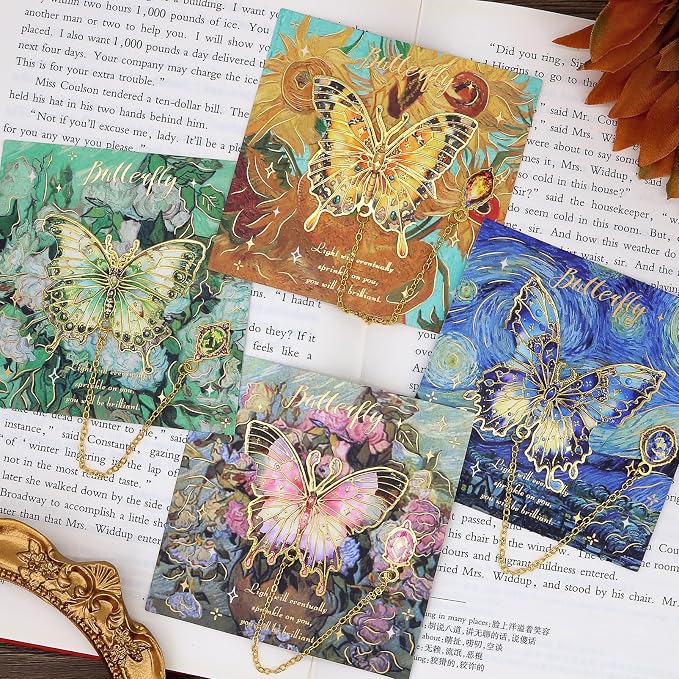 4pcs Butterfly Bookmarks for Women, Aesthetic Vintage Metal Bookmarks with Chain for Reading Women, Book Lovers, Unique Gold Butterflies Book Markers Gifts