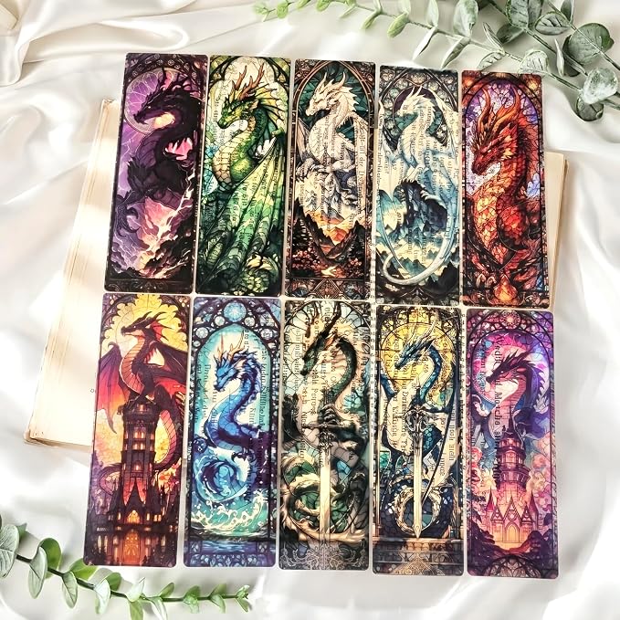 Fantasy Dragon Bookmark Gifts - 10 Pcs Cool Fourth Stained Glass Bookmarks for Men Women Book Lovers Sword Wing Page Marks Merch Bookish Birthday Graduation Gift School Reading Accessories