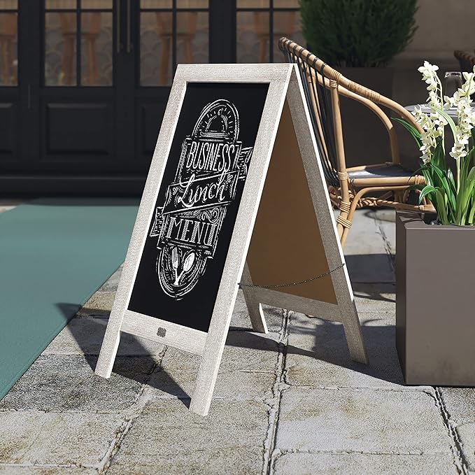 A Frame Chalkboard with Chalk Markers by HBCY Creations: 40x20 Solid Wood A-Frame Sign Lightwash Double-Sided Magentic Menu Board, Deluxe Set Includes 8 Chalk Markers, 10 Stencils, 2 Magnets