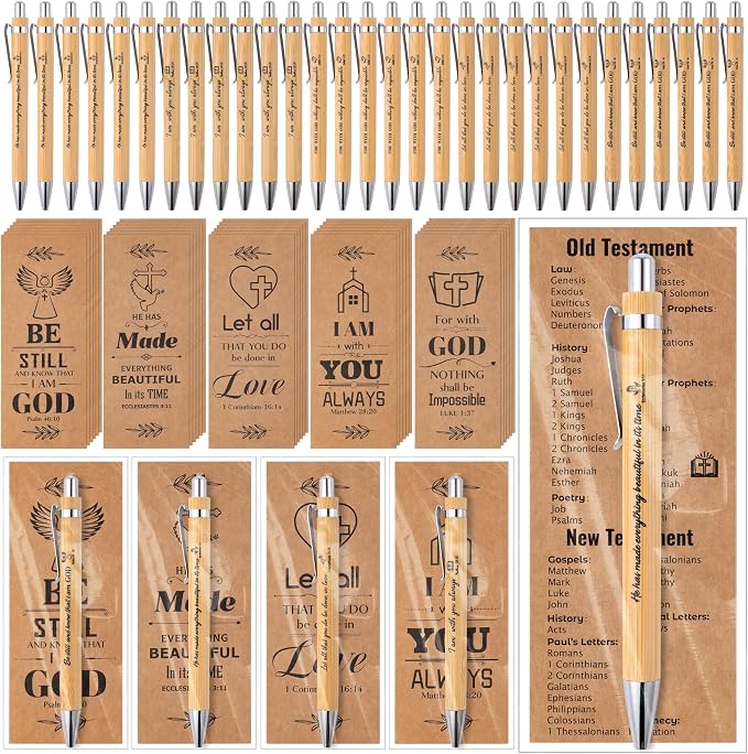Haooryx Christian Bible Pen Bookmark - 30-Piece Christian Bible Verse Bamboo Inspirational Pen Scripture Biblical Bookmark Set Sunday School Church Religious Multi-Item Party Favor Packs Gifts Bulk