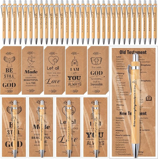 Haooryx Christian Bible Pen Bookmark - 30-Piece Christian Bible Verse Bamboo Inspirational Pen Scripture Biblical Bookmark Set Sunday School Church Religious Multi-Item Party Favor Packs Gifts Bulk
