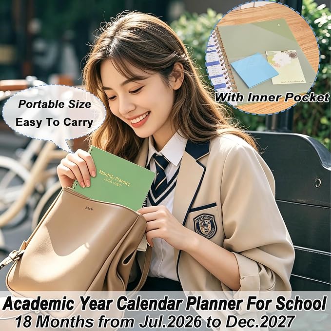 2026 Monthly Planner (7.4'' x 9.6''), 18 Months Agenda Planner from Jul 2026-Dec 2027, Calendar Planner 2026-2027 with Tabs & Pocket, 120GSM Paper, Green
